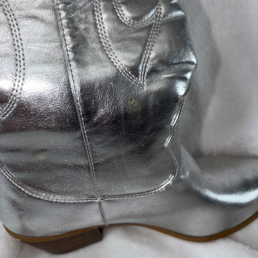 Silver Metallic Cowgirl Knee high Boots Block Heel Women Size 9 Disco Festival - Picture 3 of 8